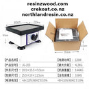 Product dimensions and packaging details with brand names on a white background