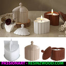 Collection of Resin containers with lids and candles on a neutral background, featuring PassionArt and Resinzwood.com branding.