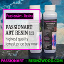 Two bottles of PassionArt Art Resin with promotional text on a blue and black background.